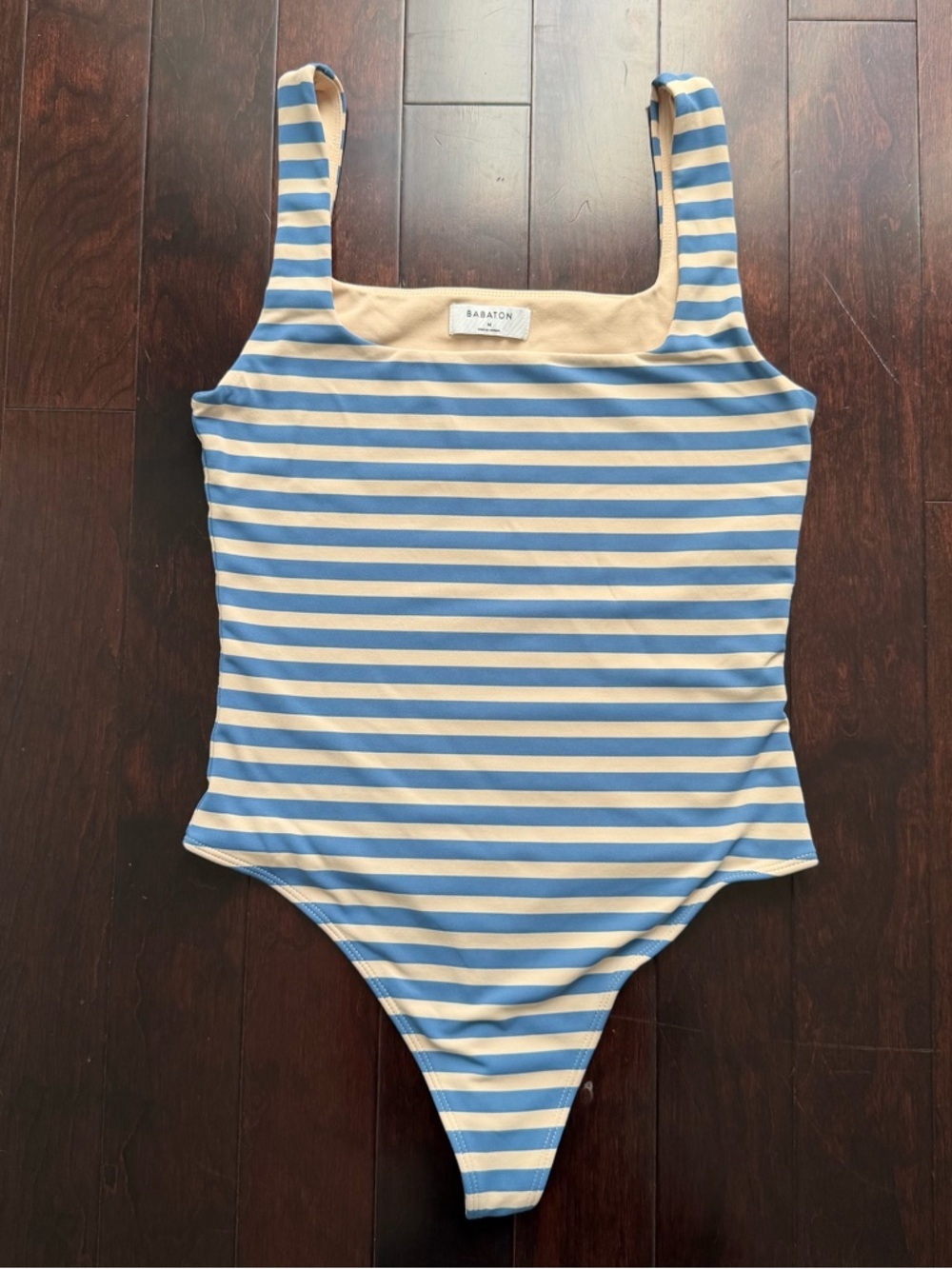 Aritzia Babaton Contour Body Suit Size M Striped Tank Thong Blue Cream Stretch